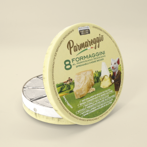 Round cardboard boxes for wedges of processed cheese with its lid