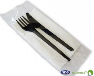 SET BIS FORCHETTA + COLTELLO + TOVAGLIOLO IN PLA CRISTALLIZZATO NERO SMART - 16584