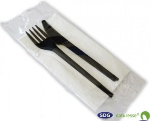 SET BIS FORCHETTA + COLTELLO + TOVAGLIOLO IN PLA CRISTALLIZZATO NERO SMART - 16584